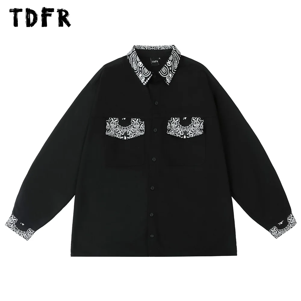 

Cashew Flowers Letter Print Cargo Shirts Mens Streetwear chicano Lapel Single Breasted Long Sleeve Shirts Men