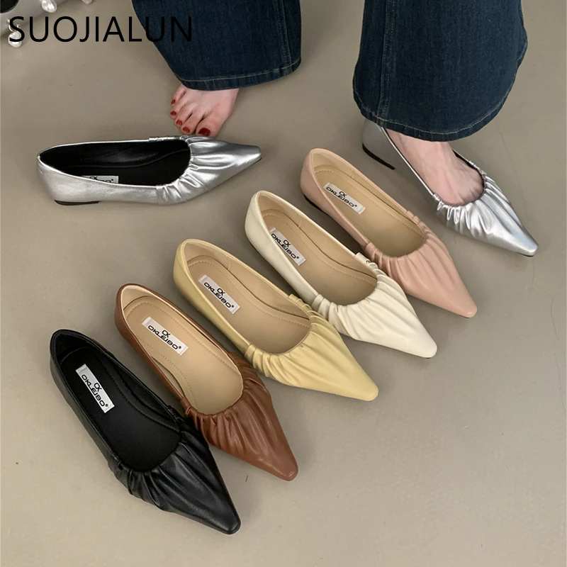 

SUOJIALUN Spring New Brand Women Flat Shoes Fashion Pleated Ladies Elegant Boat Shoes Pointed Toe Shallow Slip On Single Shoes