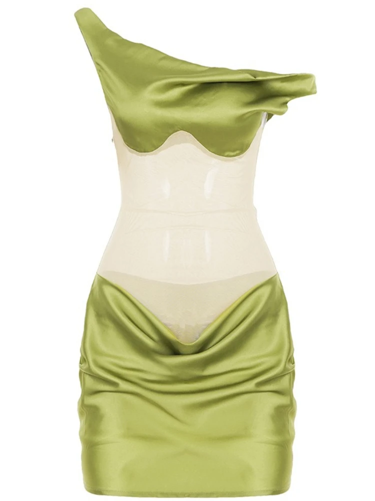 SsTss élégant vert clair Satin une épaule maille transparente moulante Mini robe femmes Sexy voir à travers froncé mince robe de soirée d'été