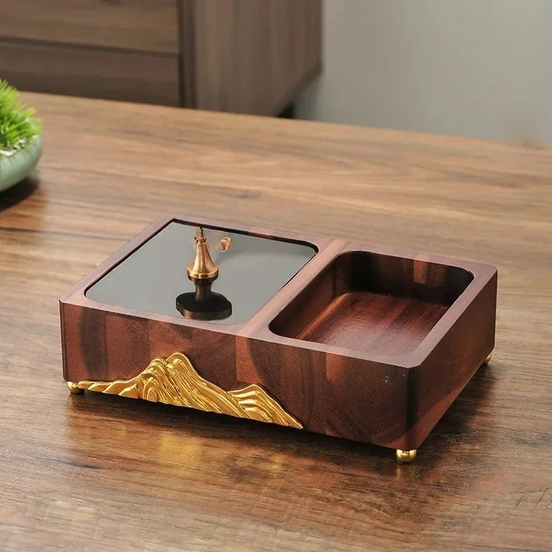 Chinese solid wood ashtray with lid large, creative personality trend home living room anti-fly ash metal office gift