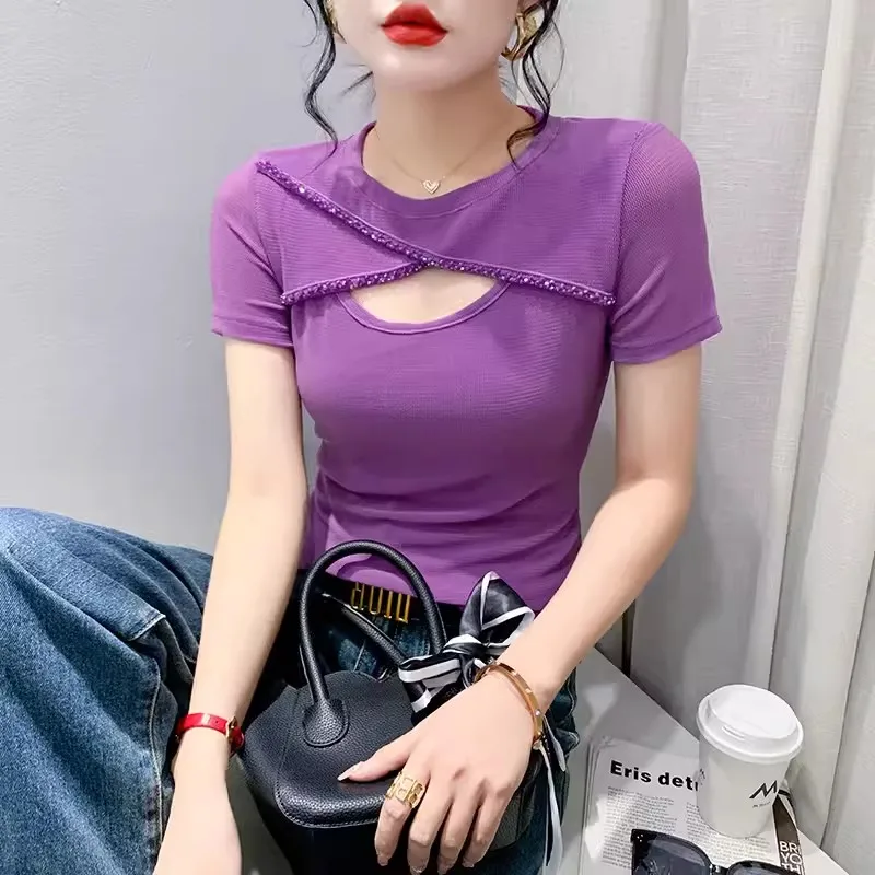 2025 Summer Designer Hollow Out Bead Spliced T-Shirt Women's Elegant Round Neck Short Sleeve Fashion Slim Mesh Tees Shirt image 4