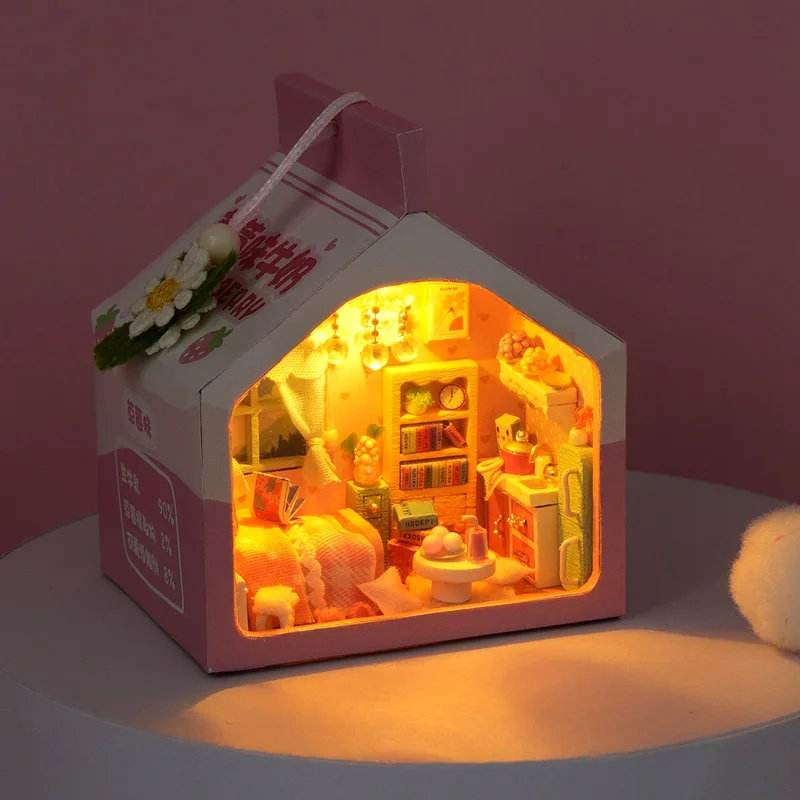 Diy Handmade Cabin Milk Carton Miniature Scene House Assemble Building Model Set Mini Wooden Doll House Kits Kids Adult Toys