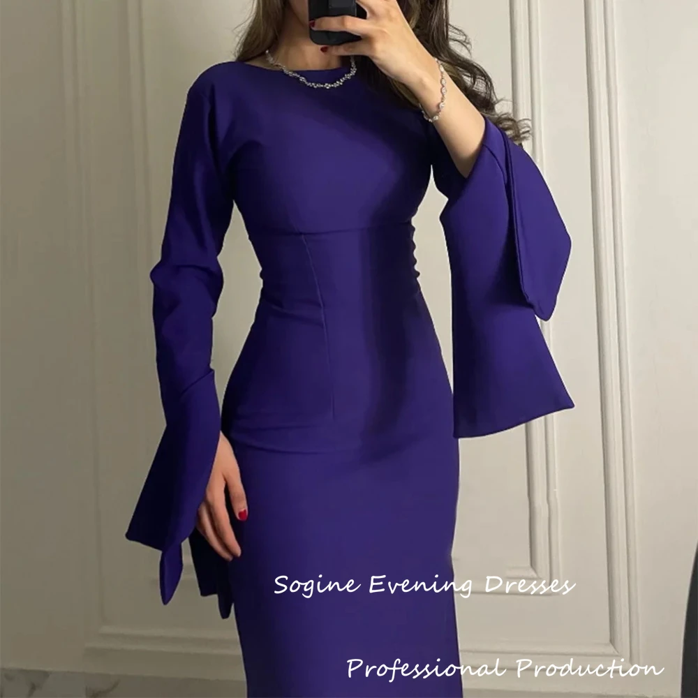 فستان سهرة كريب أرجواني مخصص أنيق للحفلات الراقصة بأكمام طويلة منتفخة للنساء برقبة دائرية فيستدوس دي فييستا 2025 جديد