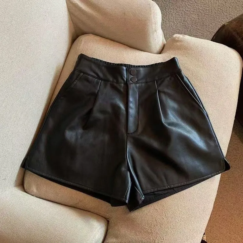 Women Chic Fashion Side Pockets Black Faux Leather Shorts Vintage High Waist Zipper Fly Female Short Pants Mujer PU Y2k Sexy