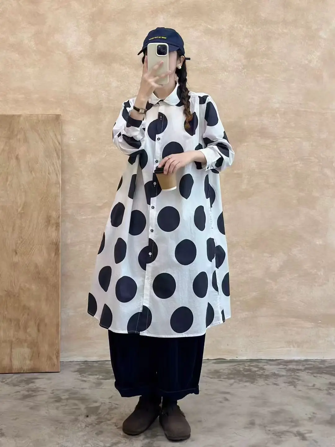 Busto 118cm vestido camisero de algodón puro con estampado de lunares para mujer estilo japonés original otoño azul púrpura vestido de puntos de manga larga