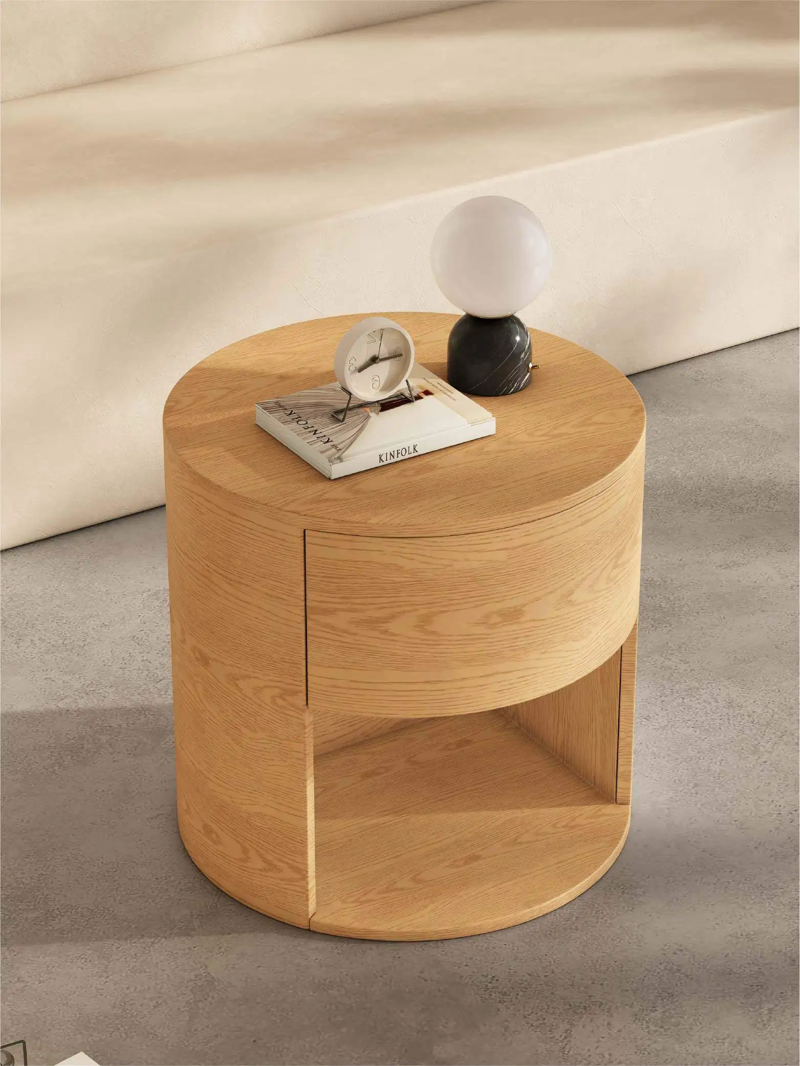 

HYS round natural wood grain bedside table with open storage
