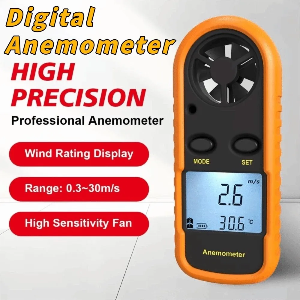 Mini Digital Anemometer LCD Display Hand-held Air Velocity Meter 30m/s 0-30m/s Range Temperature Tester Airflow Testing