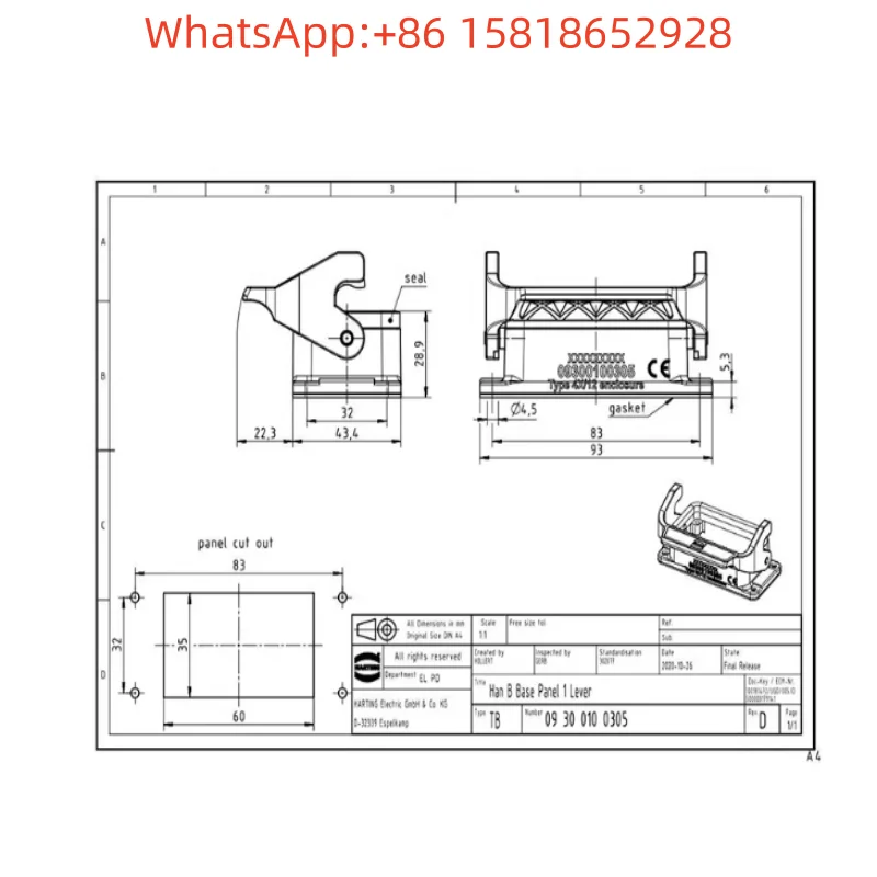 1pcs 09300100305 HARTING H10B Base HAN-10B-HBM-SL Opening Original Genuine Product