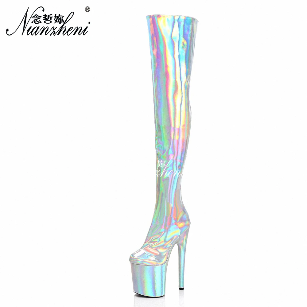 Silver Rainbow 8inch High Heels 20cm over the Knee Boots Platform gladiator tacosto dance Pole Dance Shoes Exotic Stripper Quee