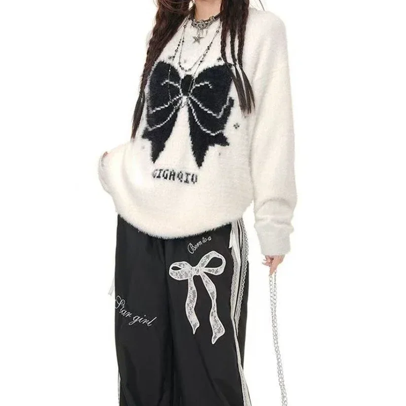 

Women's autumn and winter new loose round neck pullover long-sleeved mink-like casual sweater top Bow lazy wind sweater