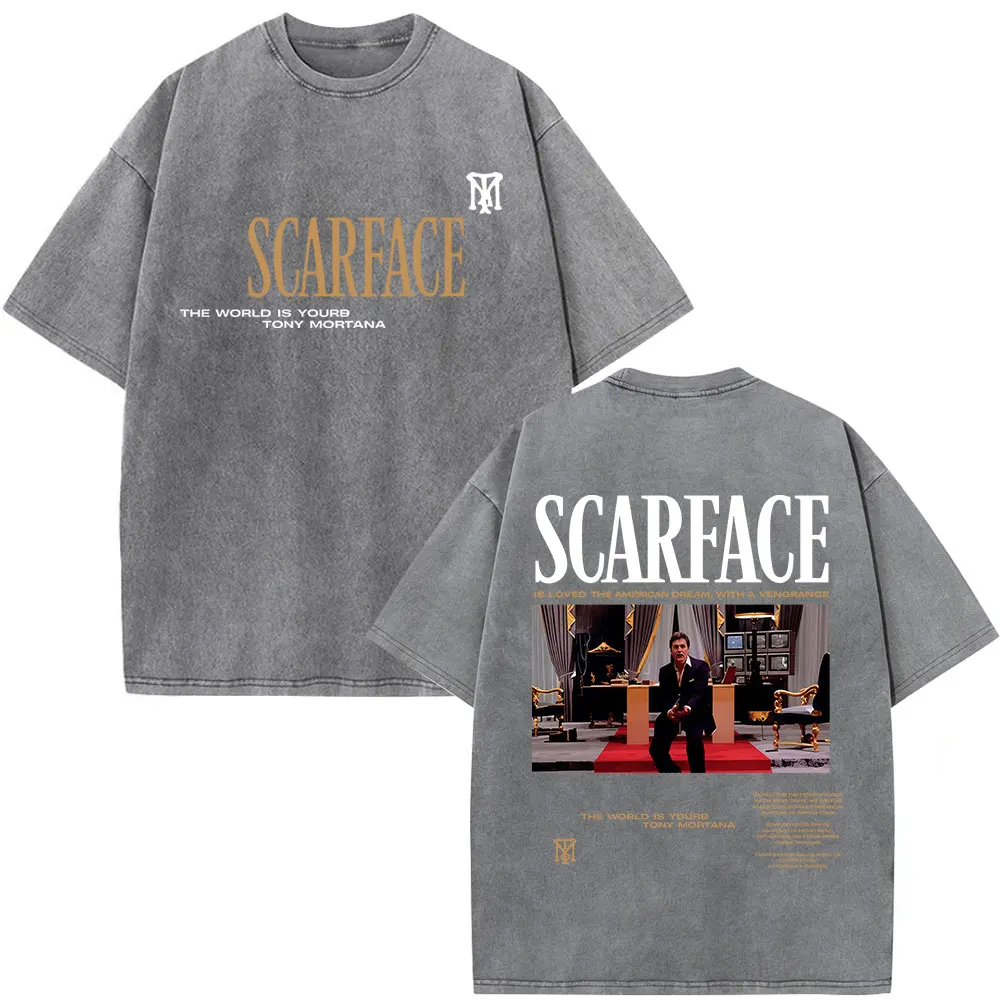 Vintage Washed Movie Scarface The World Is Yours T-shirt Tony Montana Al Pacino T-shirts Men Women Clothing Oversized T Shirt
