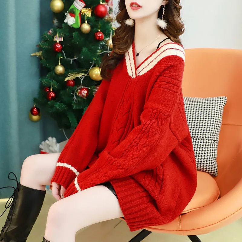 Women 2023 New Sweater Dress V-neck Large Size Loose Slouchy Thin Foreign Age Reduction Knitted Undershirt Versatile