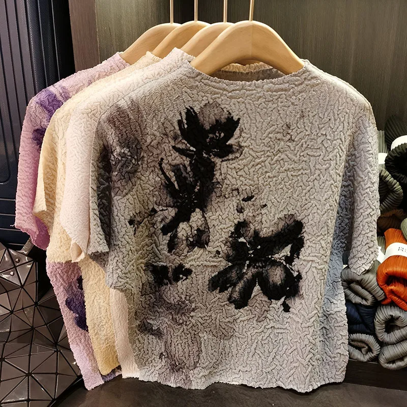 

Miyake плиссированная футболка с принтом, красочная новая складная футболка с принтом тай-дай, высокоэластичные женские топы с короткими рукавами и тонкими складками Tide