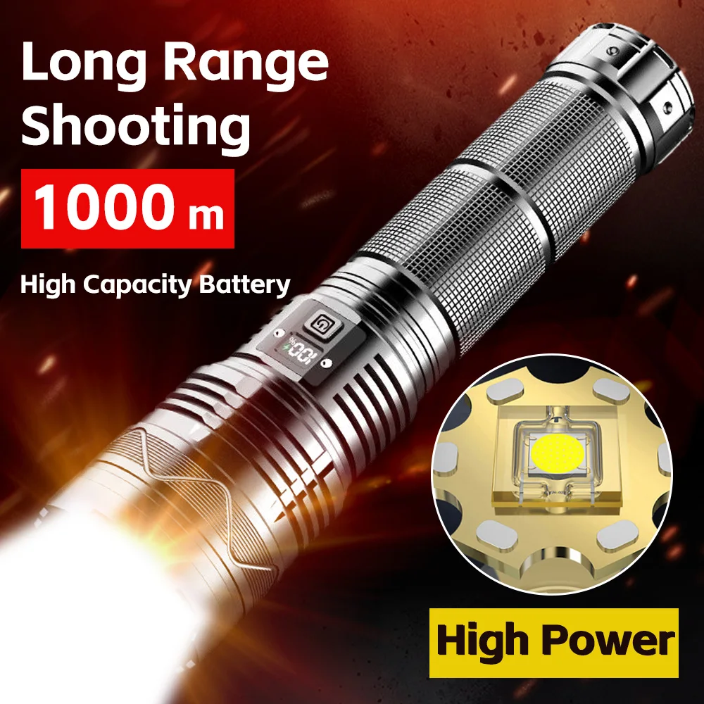 

High Power Flashlight 100W GT60 LED Super Bright Spotlight Long Range Zoomable Emergency Torch Outdoor Flashlight Power Display