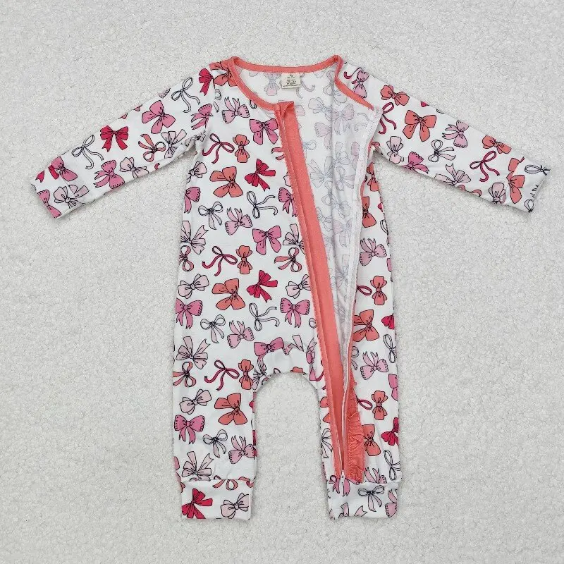 

8.18y Bamboo Baby Girls Romper with Bow Pattern White Zipper Long Sleeve Onesie Wholesale Boutique Quality Infant Clothing