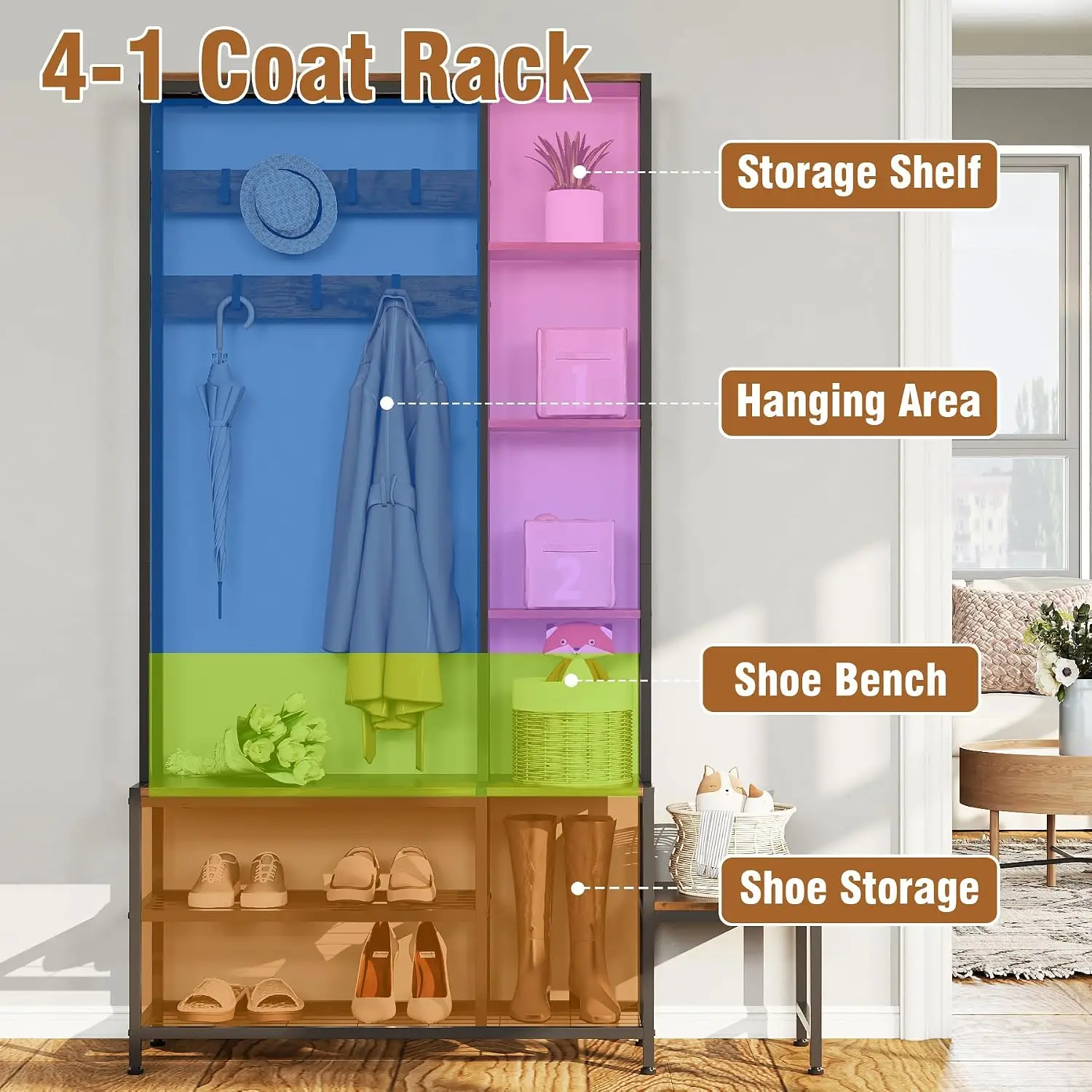 Brown 5-in-1 Entryway Hall Tree with Shoe Storage Bench, Coat Rack Featuring 7 Hooks & 4-Tier Side Shelves, Multifunctional Organizer for Hallway Mudroom Bedroom view 6