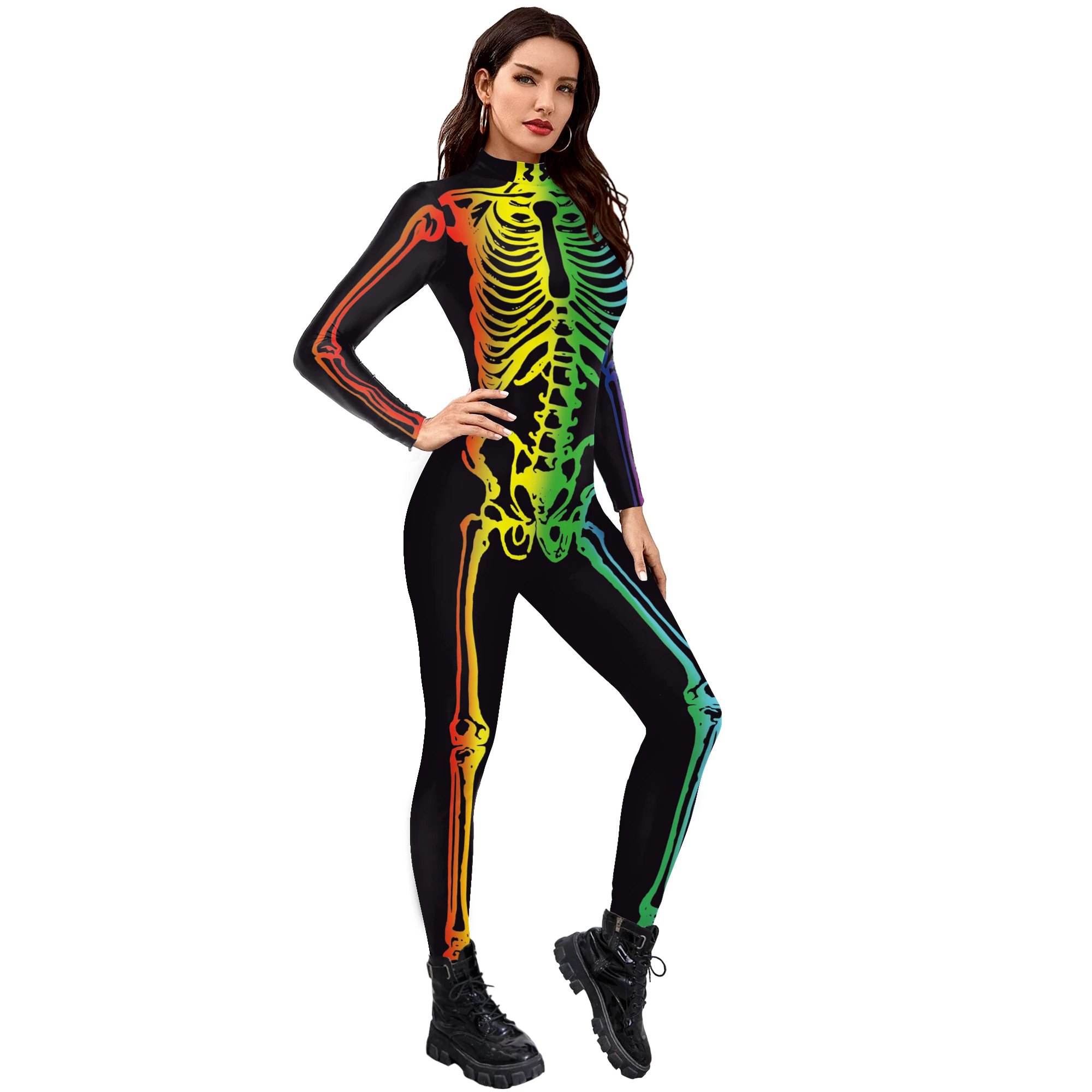 IOOTIANY Sexy Enganliegender Skelett-Print Jumpsuit Catsuit Totenkopf Halloween Karneval Party Cosplay Bodysuit Damen Cosplay Kostüme – Detail 6