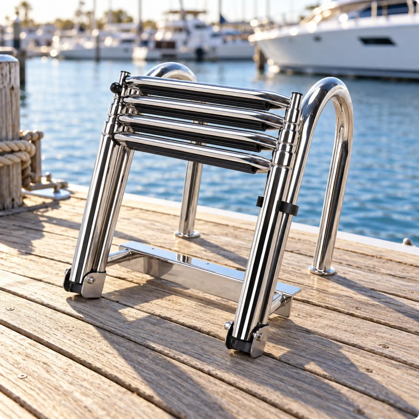 Stainless Steel Yacht Ladder with Handrails Polished Finish Folding Swim Ladder with Mounting Base for Marina Operators