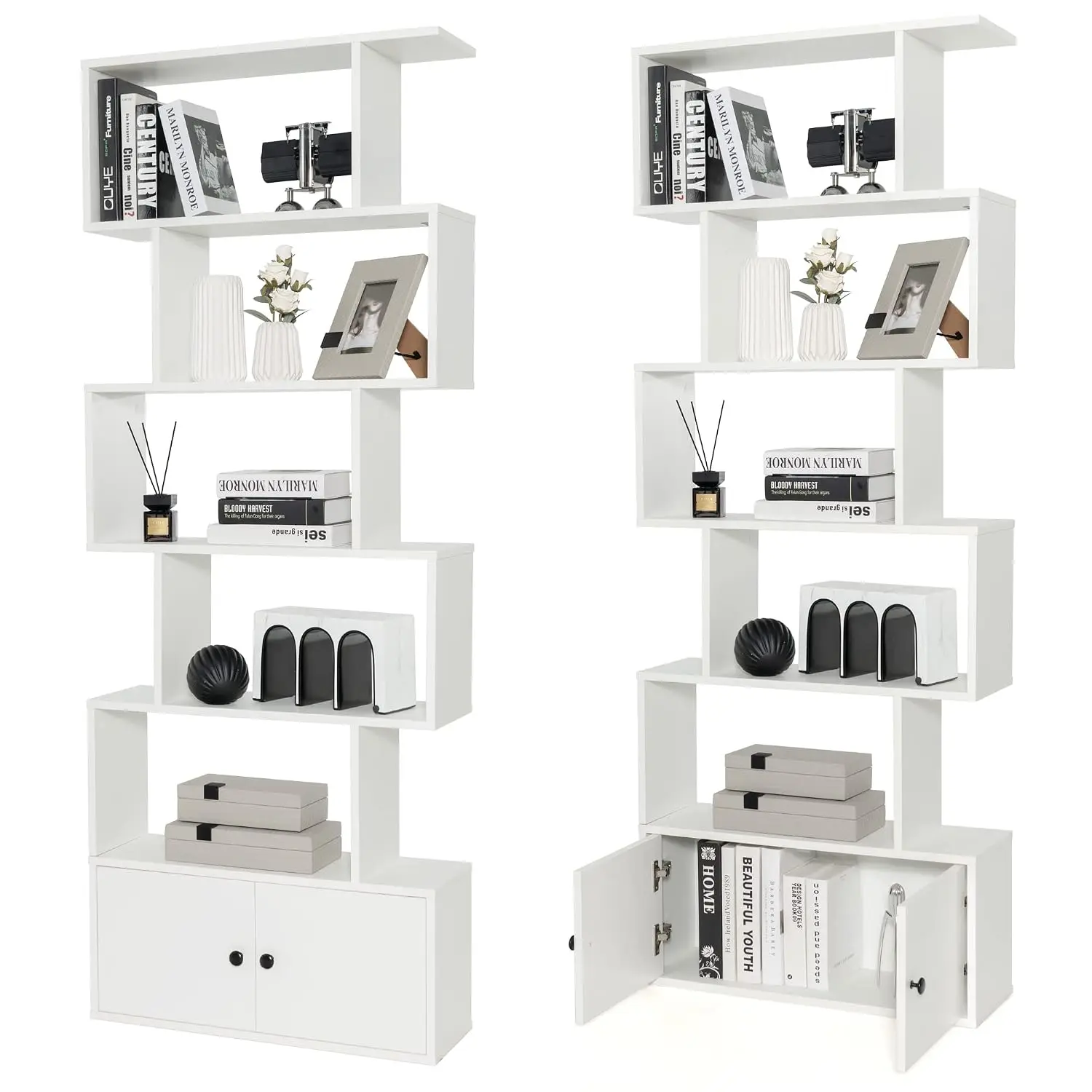 6-Tier Geometric Bookshelf with Door Set of 2, Freestanding Storage Display Shelf with Anti-toppling Device, S-shaped Bookcase C