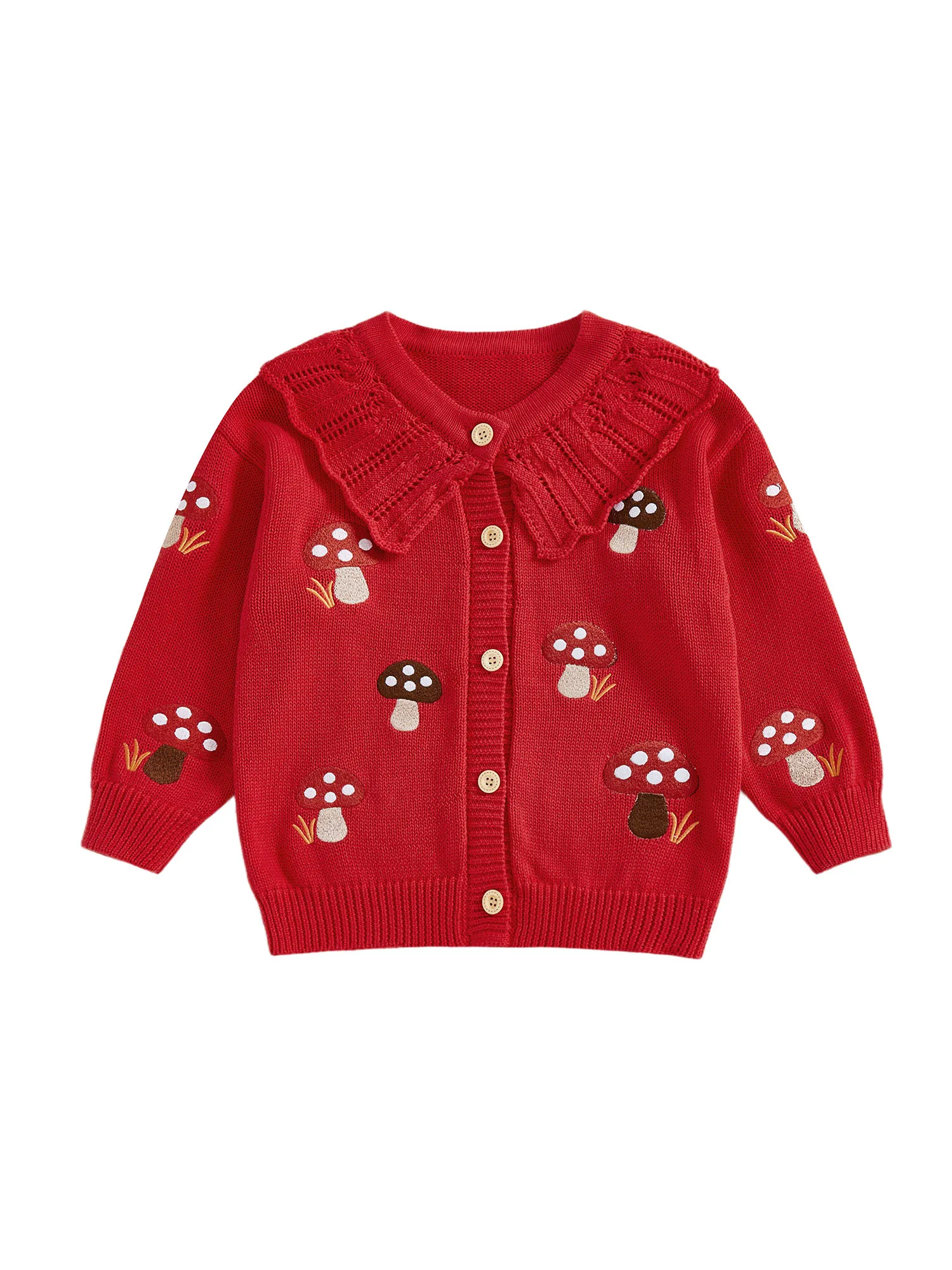 

Children s Girl Autumn Knitted Cardigan with Long Sleeves Peter Pan Collar Cute Mushroom Embroidery Button Closure Cozy