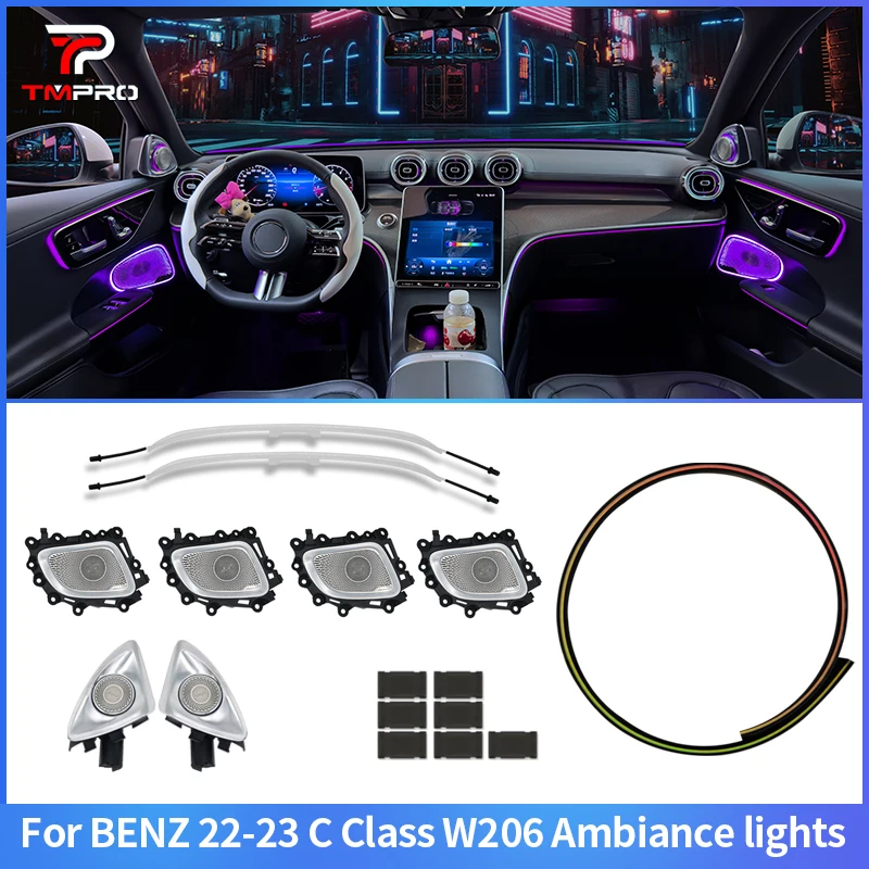 

64-цветное светодиодное окружающее освещение для Mercedes-Benz C-Class W206 GLC X254 2022 + 4D динамик, автомобильное украшение интерьера