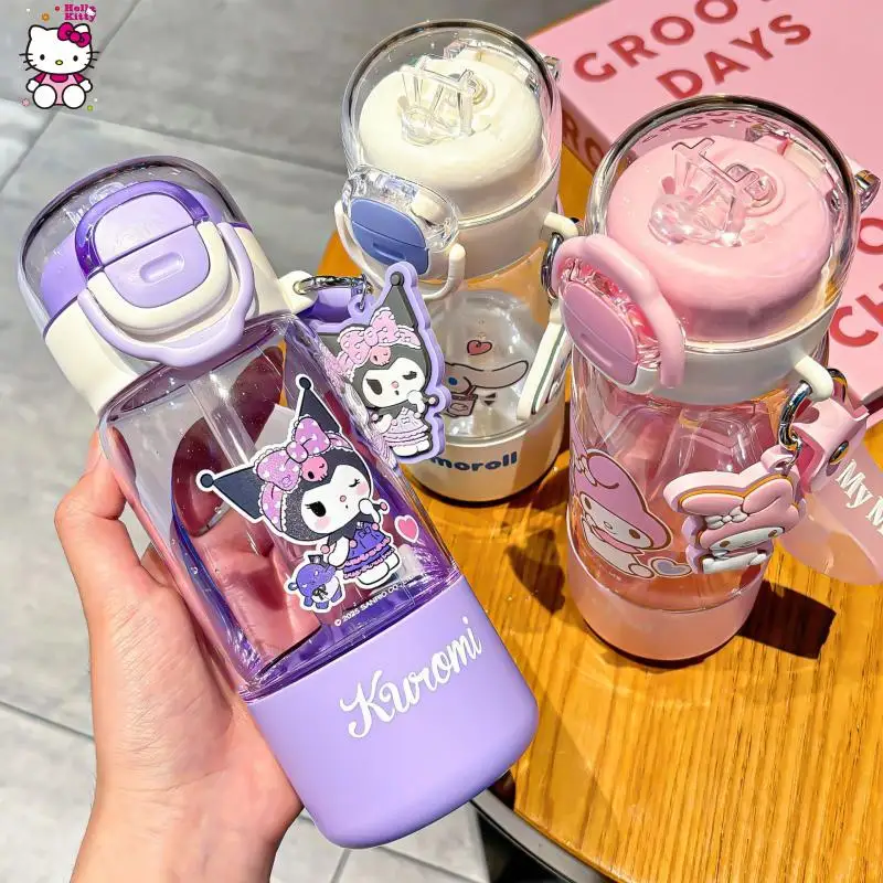 

New Kuromi Sanrio Water Cup Pompom Purins Chiikawa Girls Tritan Straw Cup Large Capacity Children Card Pass Fashion Water Cup