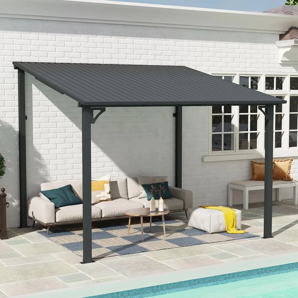 

8’ x 10’ Gazebo, Outdoor Lean to Gazebo Pergola w/Drainage Holes, Wall-Mounted Gazebo with Hard Top Metal Awnings for Patio Bac