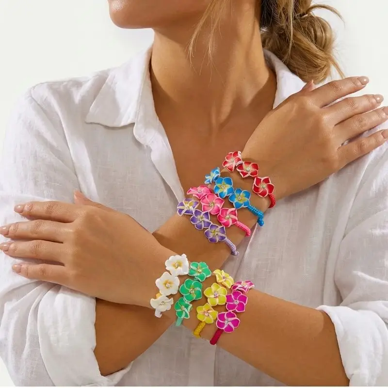 Bohemian Colorful Plumeria Flower Bracelet for Women Handmade Polymer Clay Braided Rope Bangle Summer Beach Party Jewelry Gift