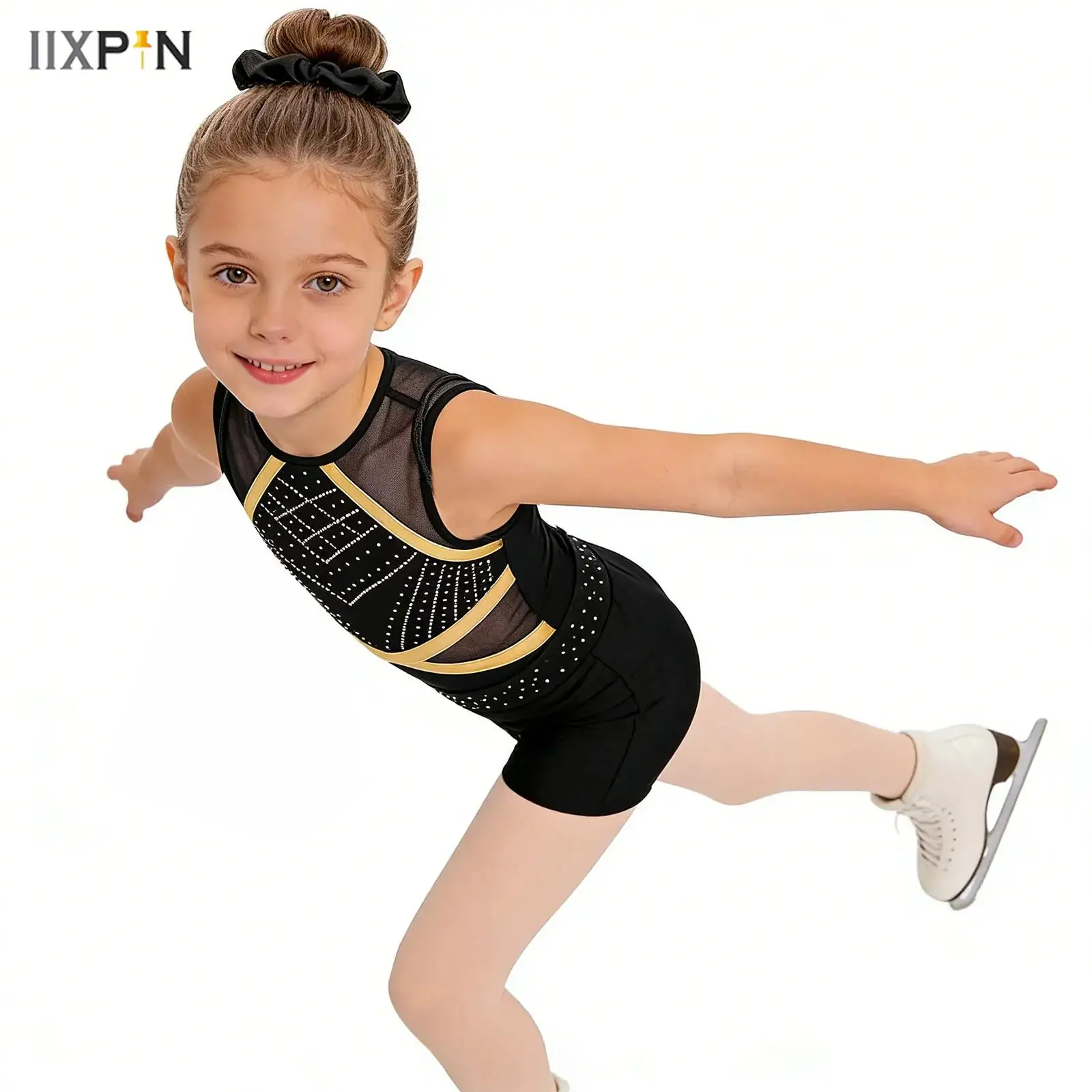 Kids Girls Gymnastics Leotard Keyhole Back Sleeveless Figure Skating Bodysuit with Shorts Hairband Bag for Ballet Dance Jumpsuit