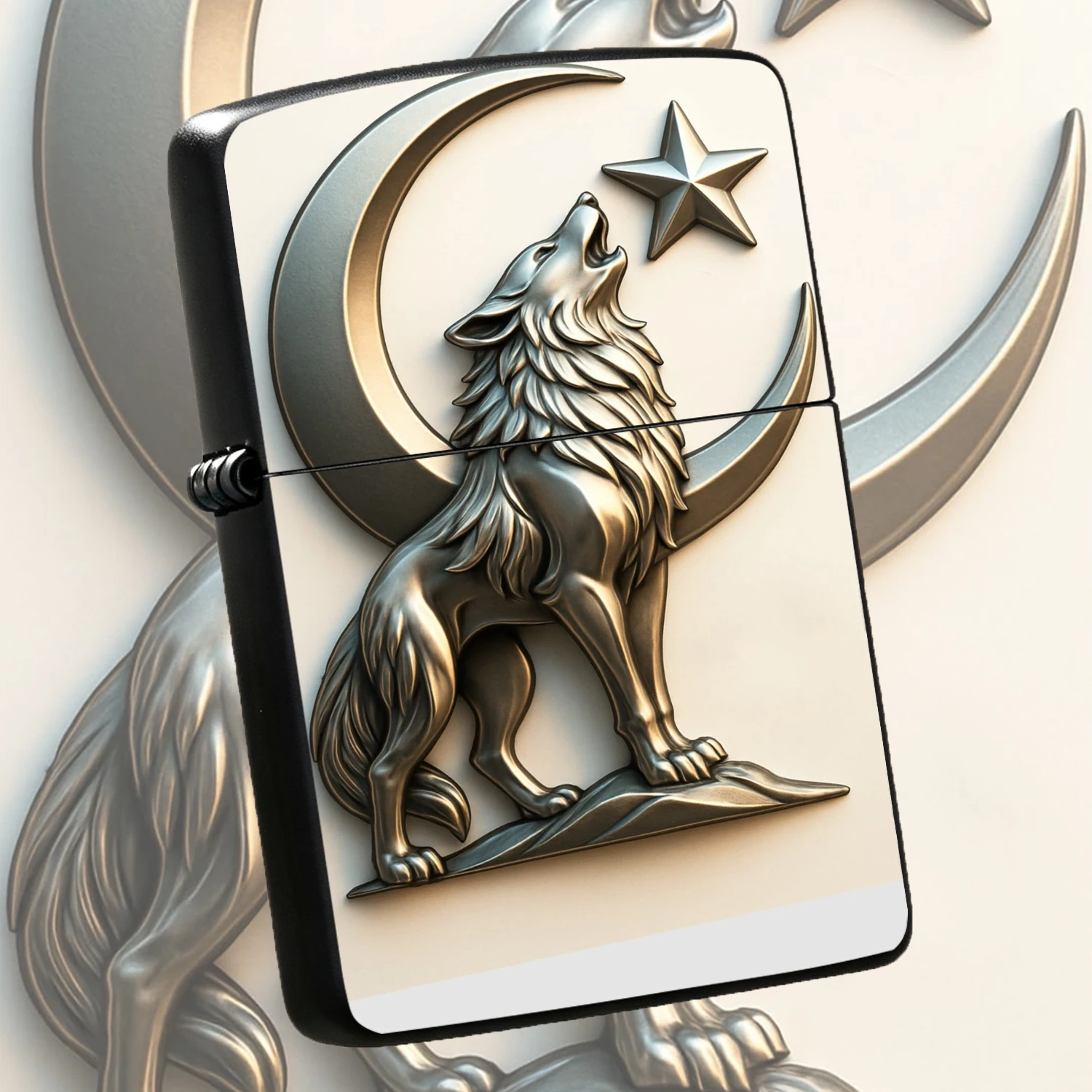 Relief Howling Wolf Crescent Star Themed Portable Lighter, Exquisite Textured Craft, Sleek Stylish Look, Perfect For Daily Carry, Outdoor Trips, Party Gathering, Gifting Collection, Suitable For All Kinds Of Daily And Occasional Usage Scena