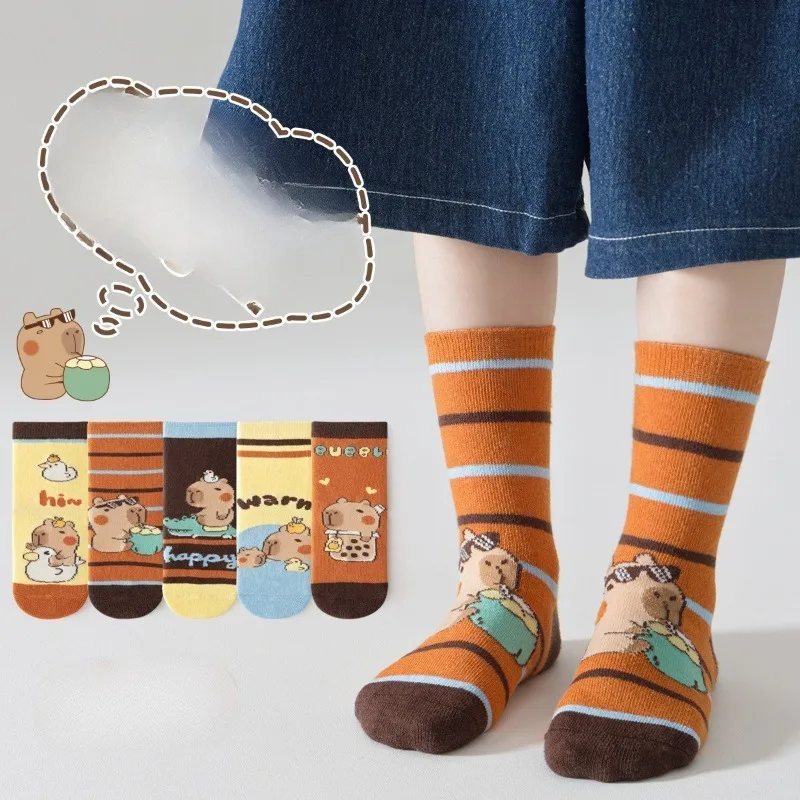 

5 Pairs Spring Autumn Kids Girl Boy Socks Cute Cartoon Printed Striped Mid-Calf Socks Children's Comfortable Accessories ML25