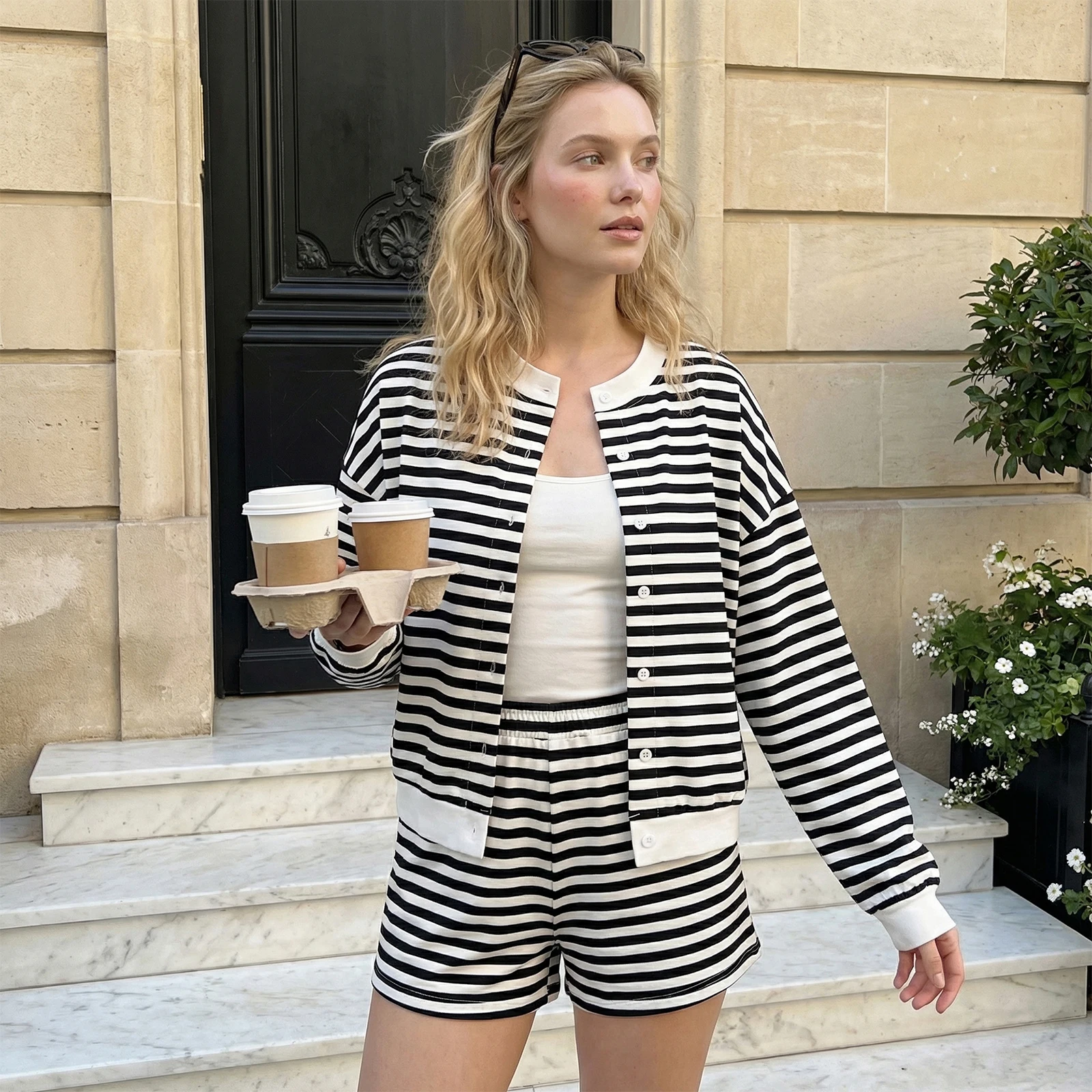 Women s Striped Two-Piece Set Long Sleeve Crewneck Button-Down Cardigan Tops and Elastic Waist Shorts Loungewear Outfit