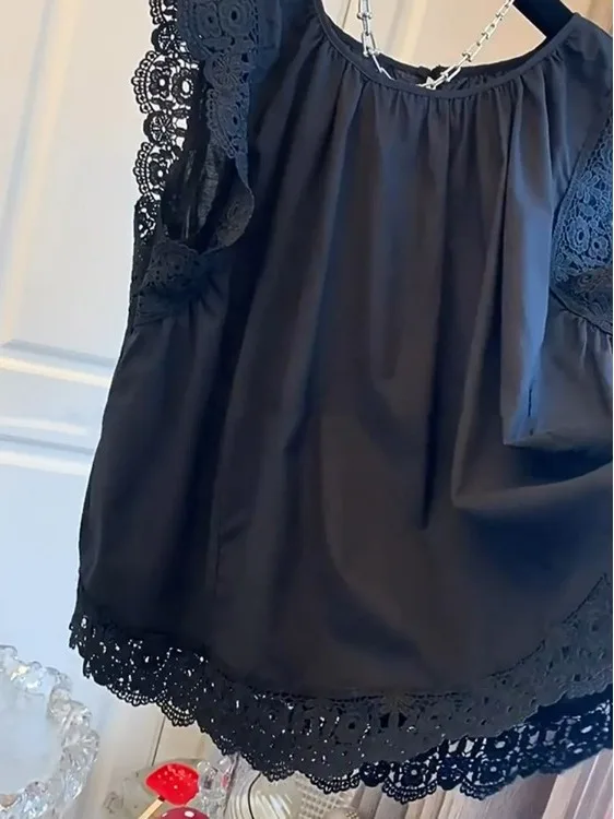 Auténtico adorno de encaje dulce empalme Svel irt Top informal suelto para mujer coreano Sle redondo Ne longitud Regular Primavera Verano