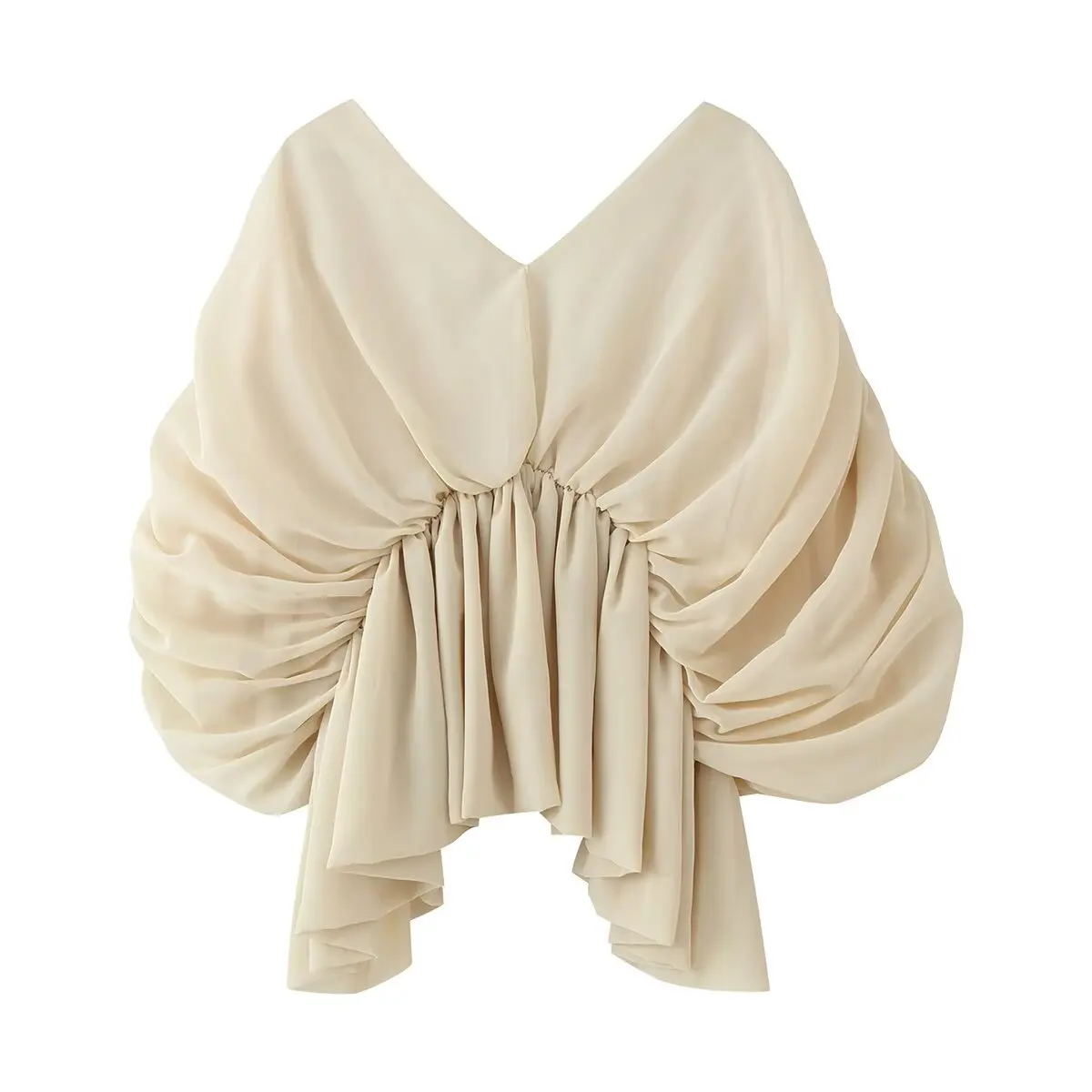 2026 Summer Women's Sexy Loose Deep V-neck Batwing Sleeve Beige Blouse Lady Elegant Street Ruffle Pleated Cropped Party Tee Tops