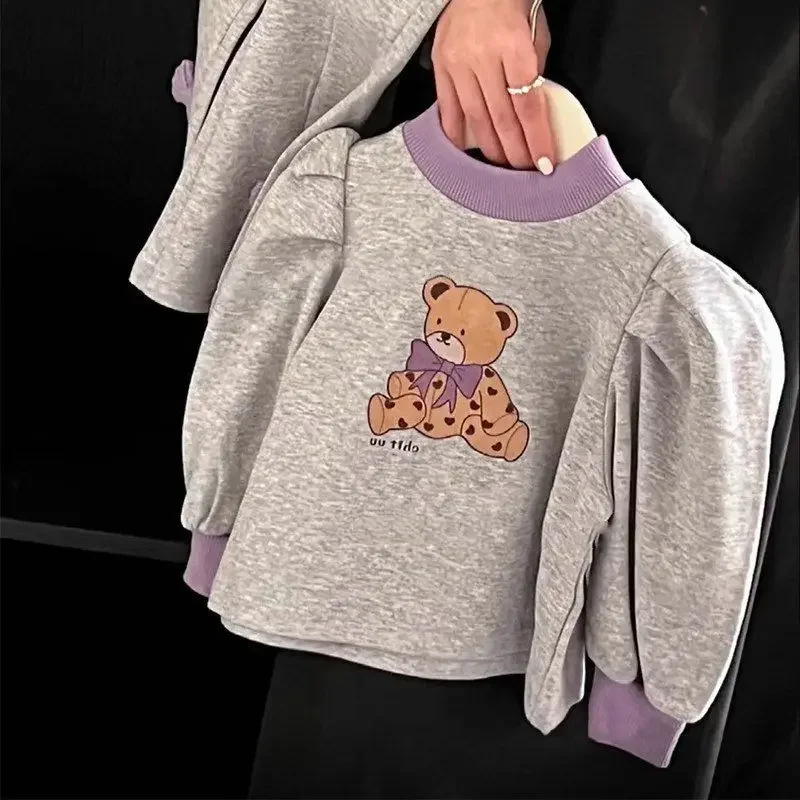 Autumn Children Girls Clothes Cartoon Bear Sweatshirts Pullover Lantern Sleeve Top&Flare Pants 2pcs Suit Long Sleeve Tracksuits