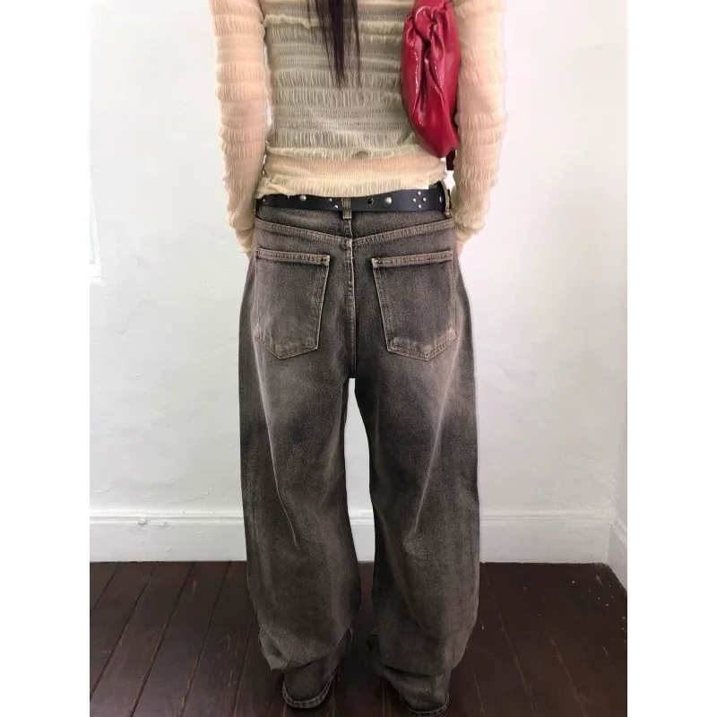 Damskie szare jeansy Y2k w stylu streetwear, boyfriend jeansy, vintage Harajuku, luźne spodnie dżinsowe, ubrania w stylu japońskim z lat 2000.