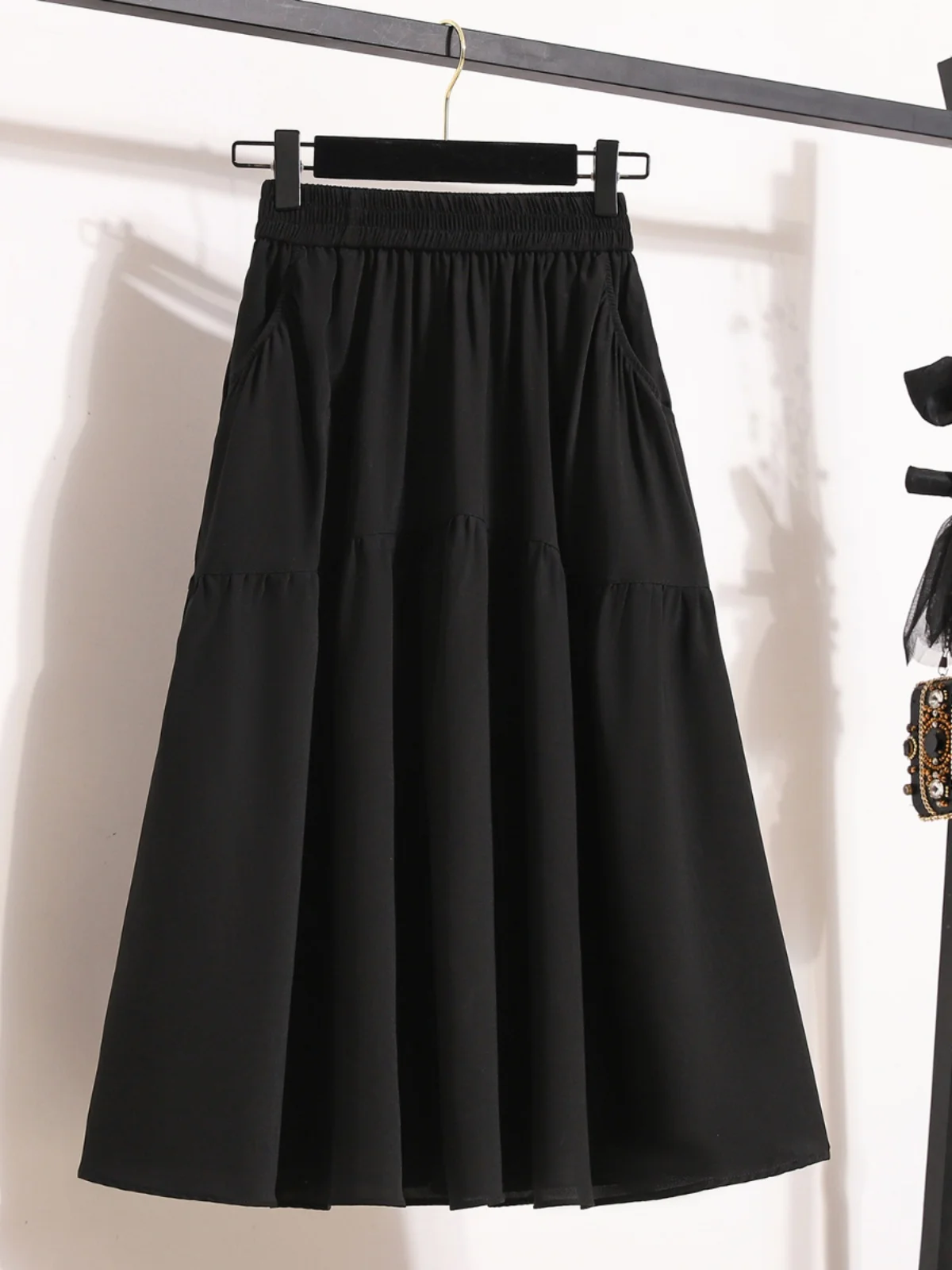 

Spring Summer Women's A-Line Pocket Skirt Black High Waist Midi Dress Versatile Umbrella Skirt Premium Feeling Mountain Brand