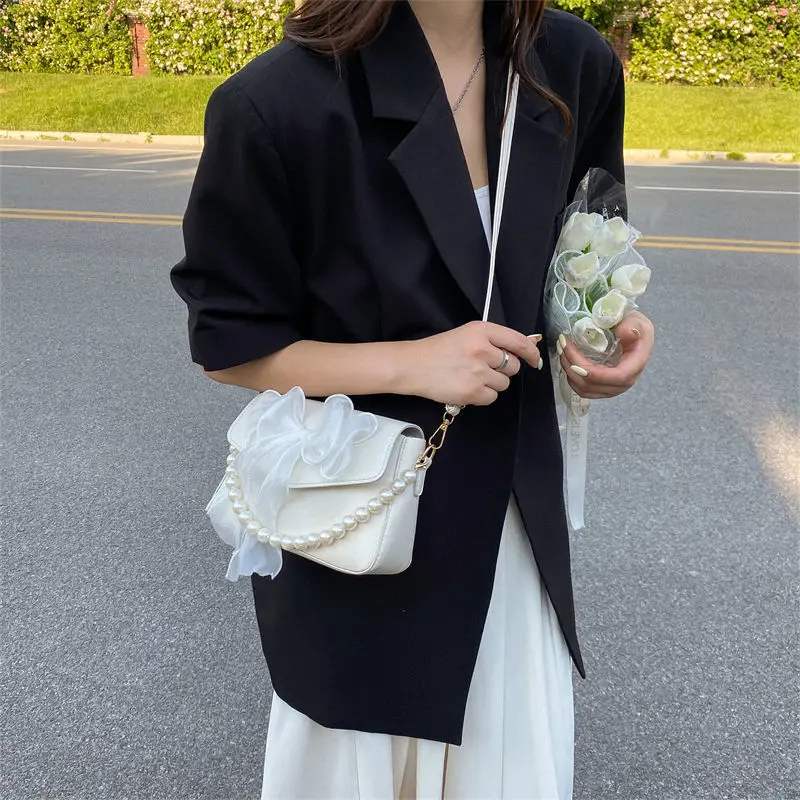 لؤلؤة الدانتيل القوس التجميع بو الجلود حقيبة حمل صغيرة للنساء الاستخدام اليومي حقيبة يد حقائب الكتف عبر الجسم، حقيبة الهاتف الفتيات في سن المراهقة