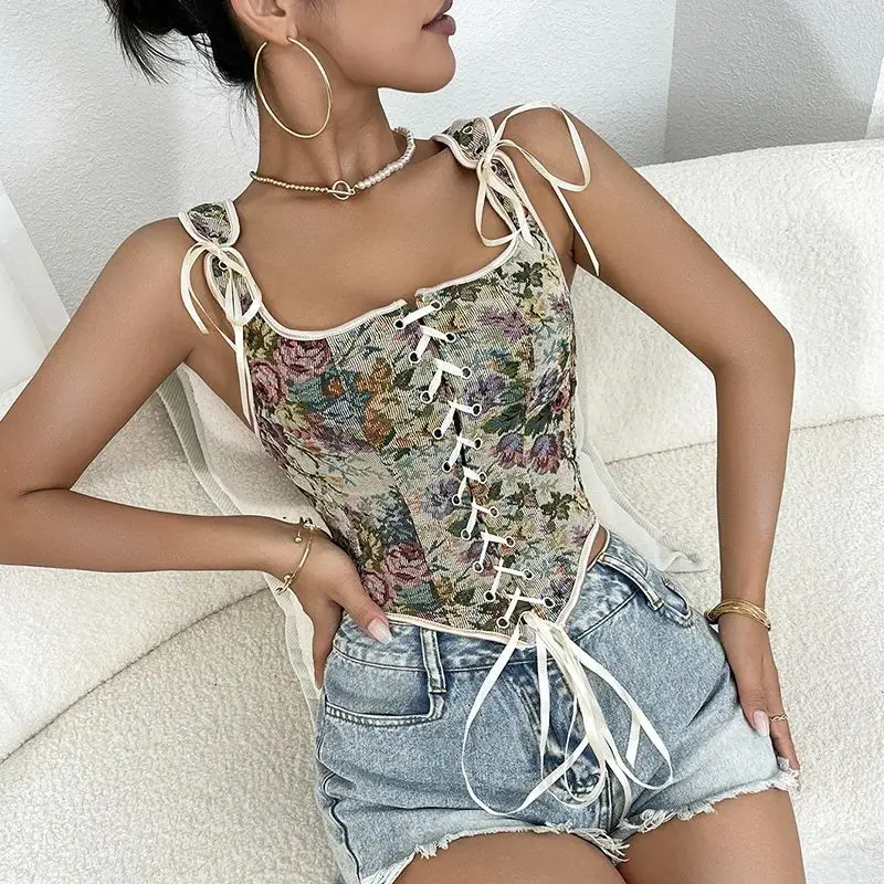 

Vintage Floral Tie Up Crop Corset Sleeveless Tops Camisole Women French Body Shaper Bustier Tank Top Summer Fashion Slim Outfits