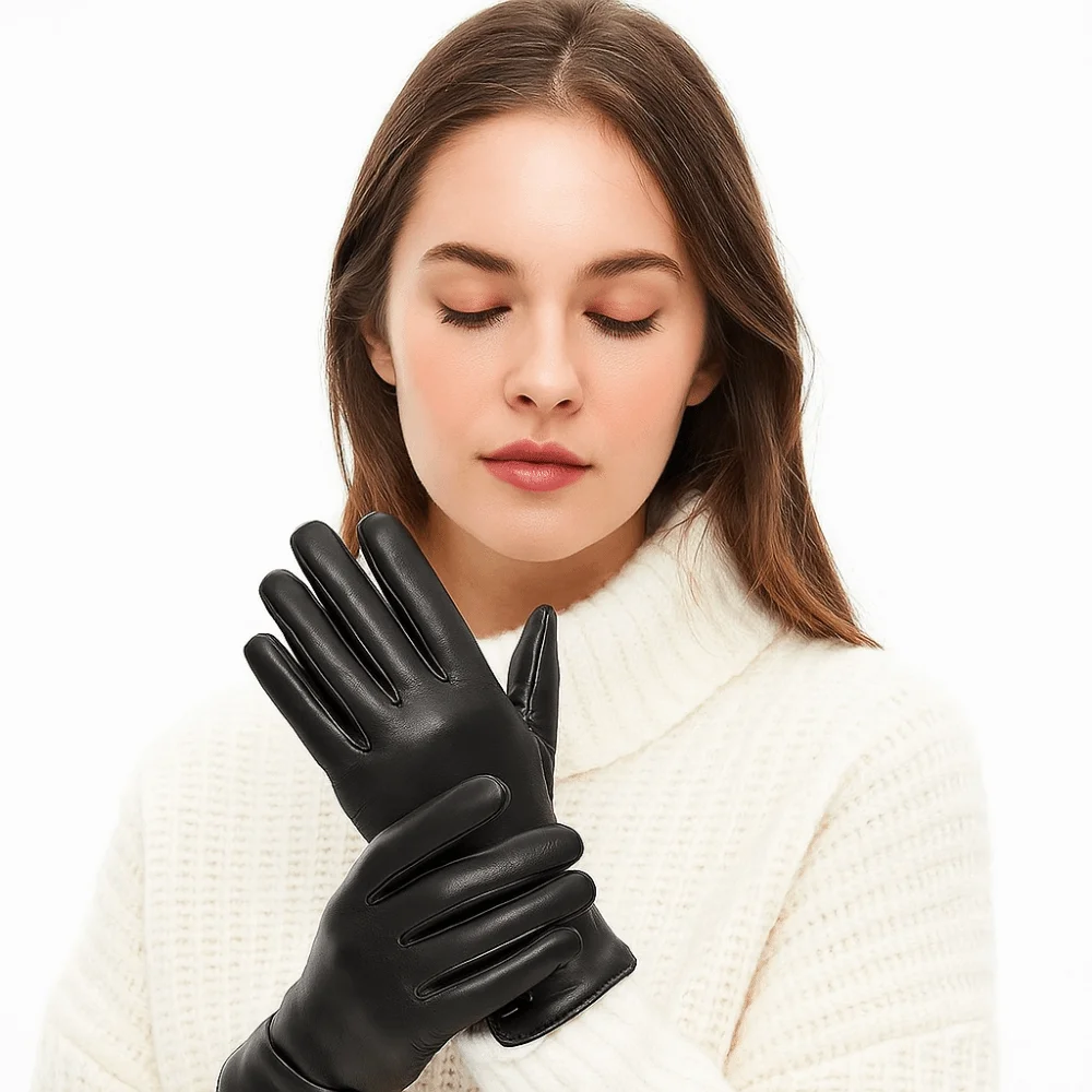 Elegant Solid Color Full Finger Mittens PU Thickened Women Leather Gloves Windproof Button Touch Screen Gloves Cycling