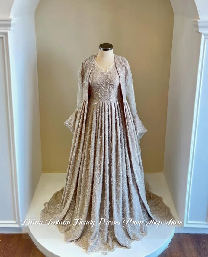 فستان سهرة مطرز باللون الكاكي مخصص مطرز بالخرز للمناسبات الرسمية وحفلات الزفاف فستان أم العروس #1