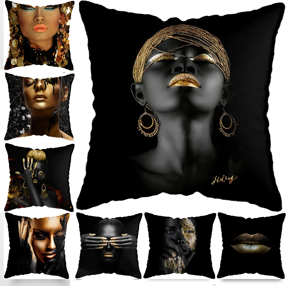 Modern Living Room Black Gold African Lady Woman Style Look Art Deco Sofa Pillowcase Cushion Cover