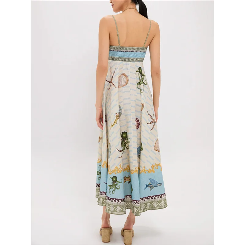 NEW-여성용 여름 보헤미안 맥시 드레스 스파게티 스트랩 플로잉 그래피티 롱 A라인 선드레스
