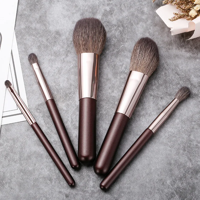 Set di pennelli per trucco in pelo di capra da 5 pezzi con borsa - Kit di pennelli cosmetici professionali portatili in legno naturale per fard per ombretto