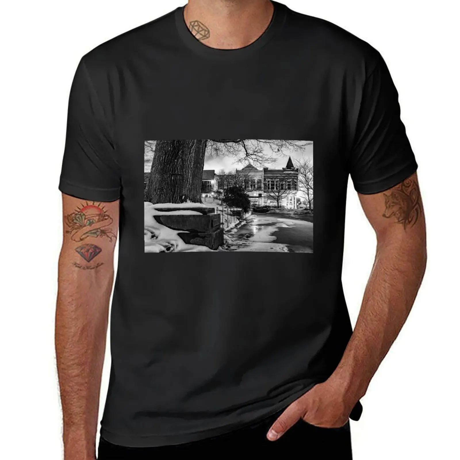 Winter Serenity - Downtown Fayetteville at Dusk In Black And White T-Shirt Aesthetic clothing Blouse men clothes