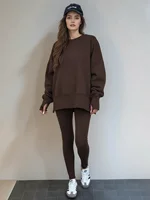 Women's Casual Loose Long Sleeve round Neck Split Top Sweatshirt Set with Tight Pants European & American Style Autumn/Winter - Image 3