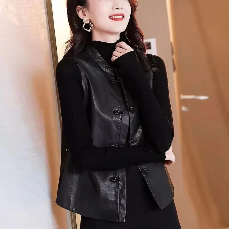 Leather Vest Jacket For Women 2025 New Chinese Style Retro Black Sleeveless PU Coat Ladies Single Breasted Cardigan Waistcoat