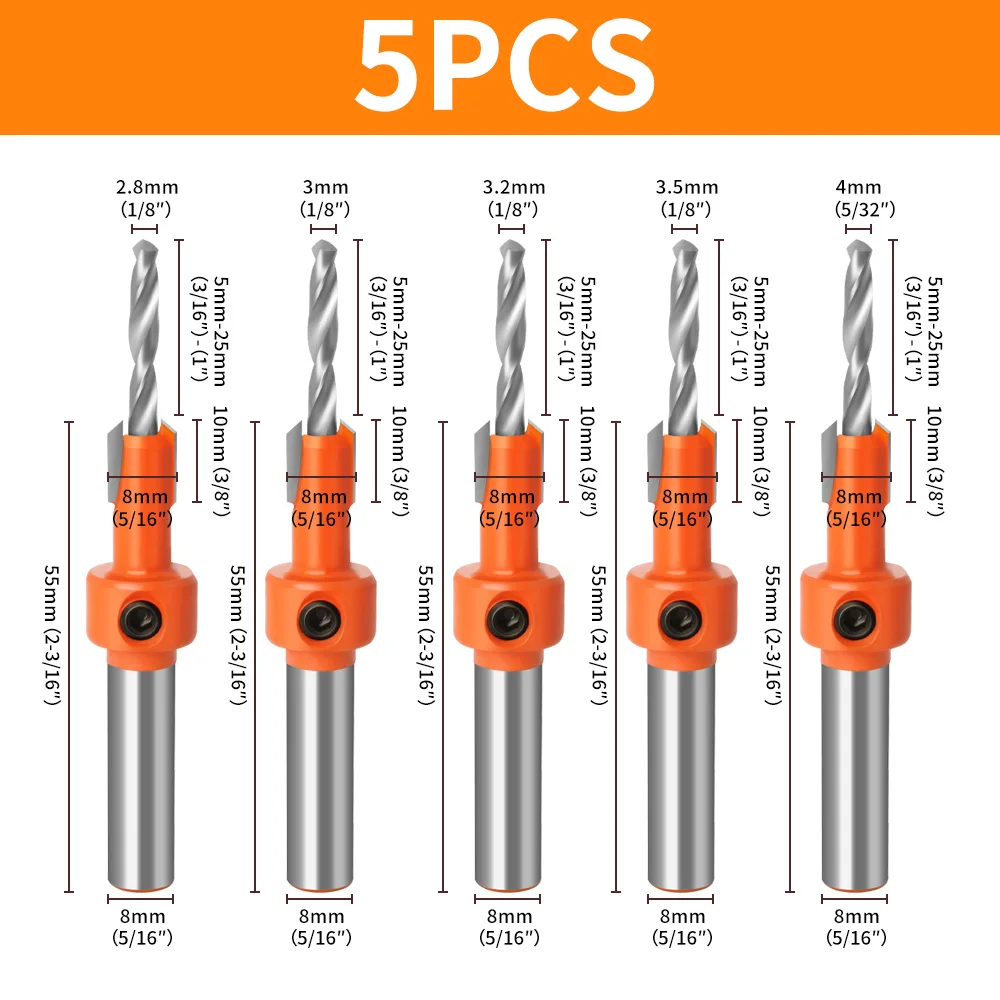 5PCS ชุด Bit Countersink 8mm DrillBit จํากัดเจาะความลึกไม้ Shank Screw EXTRACTOR รื้อถอนเจาะไม้