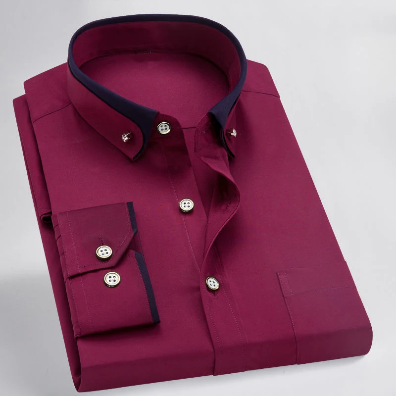 Camisa de manga larga para hombre, camisa elástica de doble cuello, informal de negocios, ajustada, transpirable, color sólido