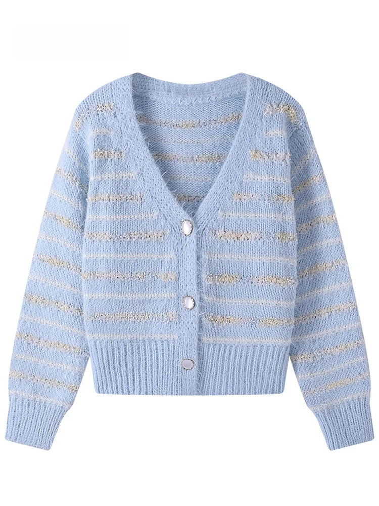 

JZZDEMM Женский вязаный кардиган с пушистыми полосками, свободный крой, модный винтажный стиль, V-образный вырез, длинный рукав, на пуговицах